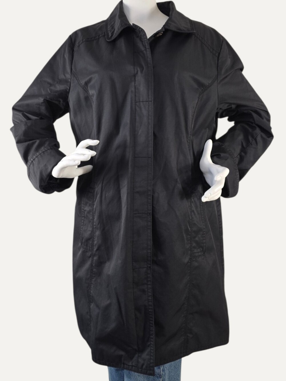 Eddie Bauer Black Trench Car Coat XL Lined Cotton Nylon Hidden Button